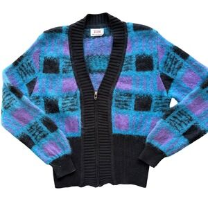 Womens Cardigan Medium Blue Purple Geometric Mohair Vintage Italy 80s Retro Cozy
